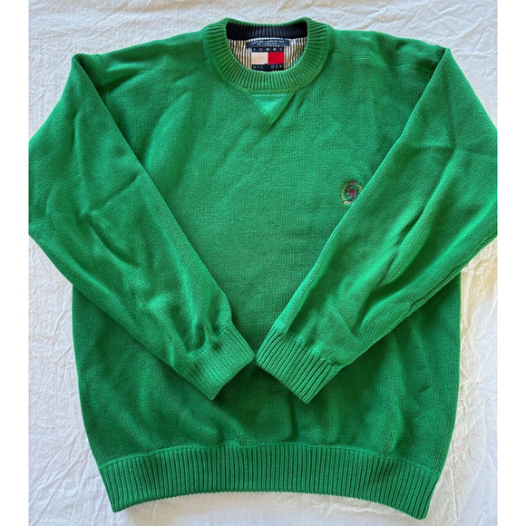 Vintage Mens Tommy Hilfiger Green Sweater Embroidered Crest Pullover M Crew Neck - Picture 4 of 11